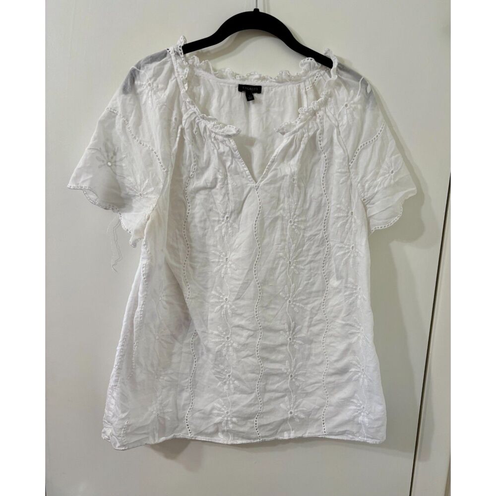 Talbots Womens L 100% Cotton White Eyelet Embroidered Notch Neck Short Slv Top